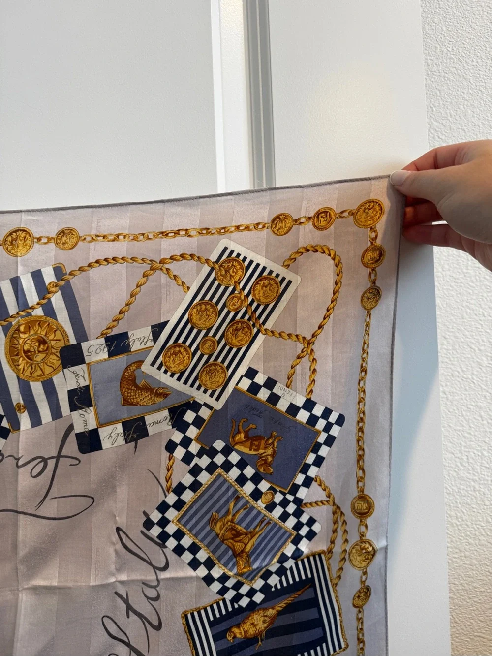 Fendi Beige, Navy & Gold Chain Motif Silk Scarf - Picture 10 of 10
